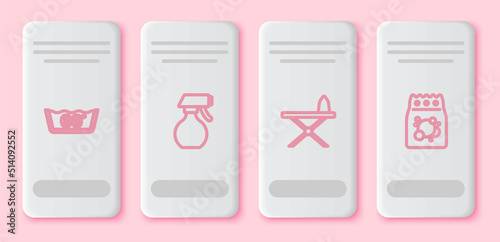 Set line Temperature wash, Water spray bottle, Iron and ironing board and Laundry detergent. White rectangle button. Vector