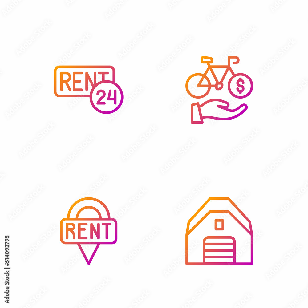 Set line Garage, Location key, Rent and Bicycle rental mobile app. Gradient color icons. Vector
