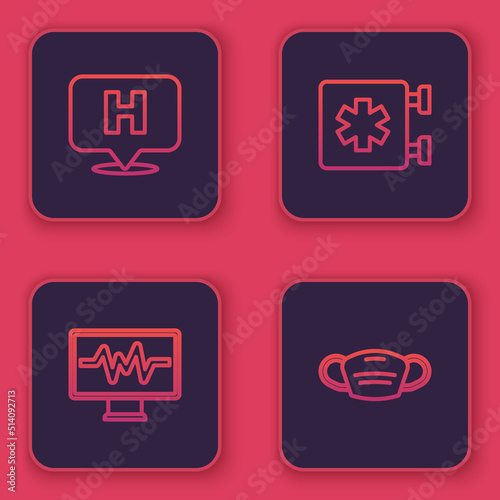 Set line Location hospital, Monitor with cardiogram, Emergency - Star of Life and Medical protective mask. Blue square button. Vector