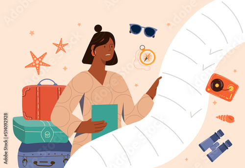 Woman with to do list. Goal setting and motivation, hardworking employee. Time management and efficient workflow. Girl evaluates success of work done, analysis. Cartoon flat vector illustration