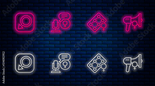 Set line Microphone, Packaging of birth control pills, Male gender and Feminist activist. Glowing neon icon on brick wall. Vector