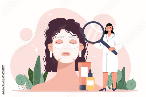 Cosmetologist help woman. Young specialist examines skin of girl, apply cosmetic mask on her face. Youth, beauty and hygiene. SPA procedures, fight against wrinkles. Cartoon flat vector illustration