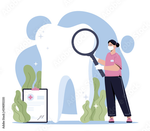 Dental care concept. Woman with magnifying glass examines teeth, girl check mouth. Doctor dentist accepts patients, young specialist. Health care and proper nutrition. Cartoon flat vector illustration