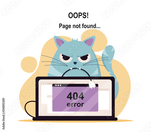 Error 404 poster. Angry cat sits next to laptop, user cannot open desired page on Internet. wrong website link, technical work. Modern technologies and digital world. Cartoon flat vector illustration