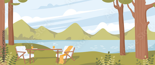 Beautiful gardening landscape. Table and chairs with trees next to river. Equipped miesto for hiking and outdoor recreation. Active lifestyle, travel and adventure. Cartoon flat vector illustration photo