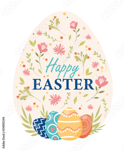 Happy Easter postcard. Stylish patterns in form of eggs, plants and flowers. Traditional religious spring holidays, greeting or invitation card. Cover for website. Cartoon flat vector illustration