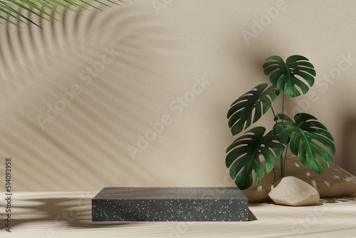 Premium podium display with leaf shadow, Cosmetics or beauty product promotion mockup. Natural stone step pedestal. Trendy minimalist banner, 3D render illustration.
