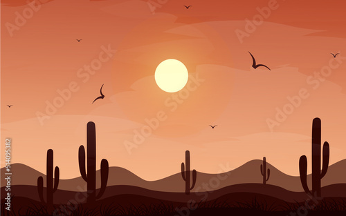 Desert landscape with sunset vector flat illustration