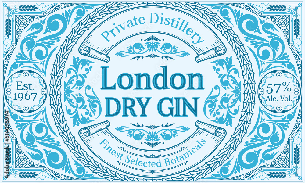 Dry gin - ornate vintage decorative label