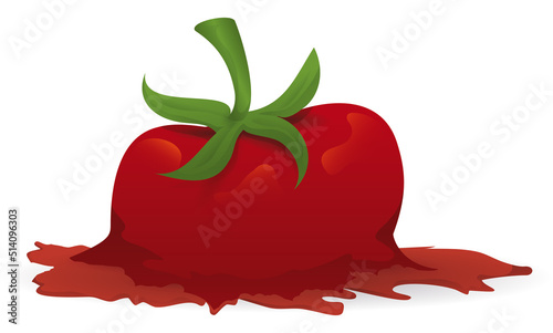 Splattered tomato with stem on its juice, isolated over white background.