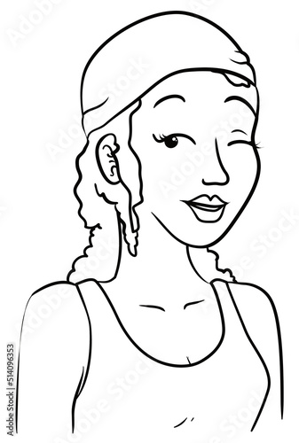 Woman with blouse and bandana winking at you for coloring, Vector illustration