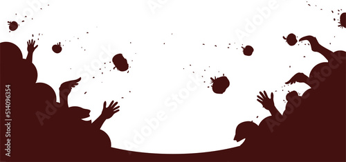 Silhouette with two groups of people playing throwing tomatoes, Vector illustration