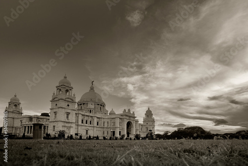 Sunset at Victoria Memorial, Kolkata , Calcutta, West Bengal, India . A Historical Monument of Indian Architecture. Built to commemorate Queen Victoria's 25 years reign in India. Black and white image