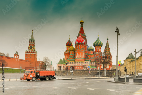 MOSCOW, RUSSIA - 26TH APRIL 2018 : View of Moscow Red Square Kremlin towers. Moscow architecture, Russia. It is world famous tourist spot - Saint Basil's cathedral in background.