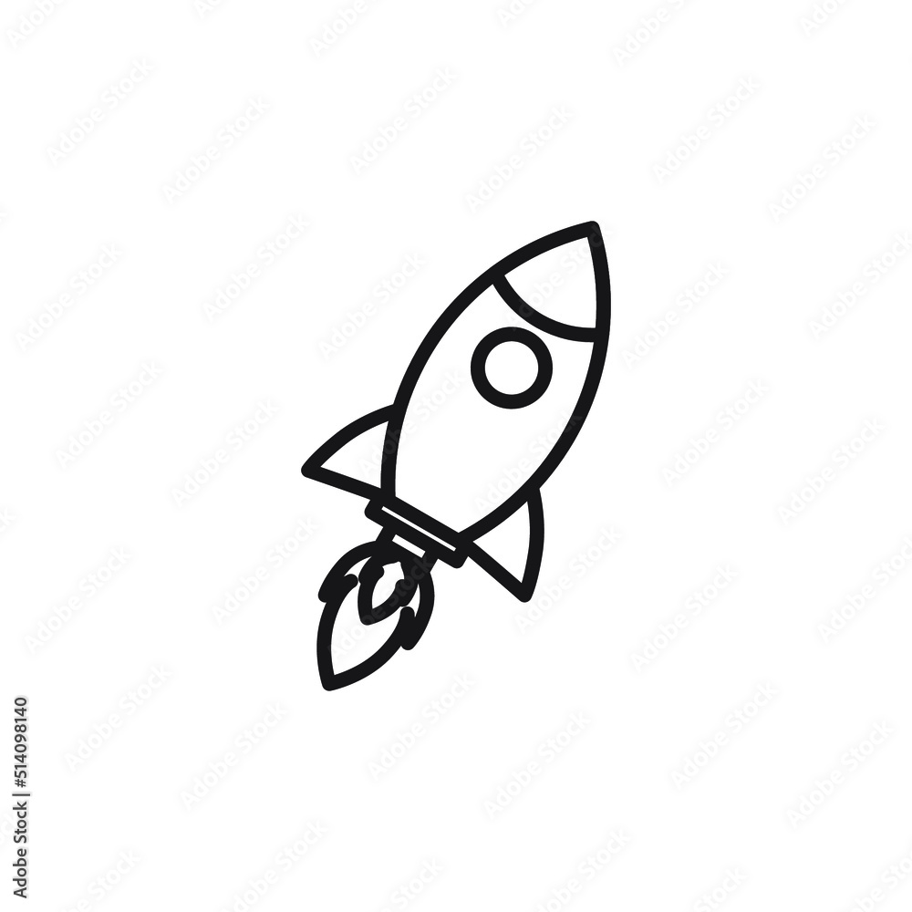 Outline of rocket ship with fire. Isolated on white. Flat line icon. Vector illustration with flying rocket. Space travel. Projects start to register. Creative idea symbol. Black and white Outline of rocket ship with fire. Isolated on white. Flat line icon. Vector illustration with flying rocket. Space travel. Projects start to register. Creative idea symbol. Black and white