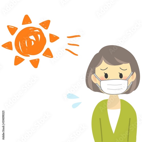 イラスト素材：太陽とシニア女性がマスク着用に悩む姿/皮膚の肌荒れ悩み
