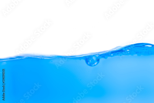 Blue water surface, wave and bubbles isolated on white background.