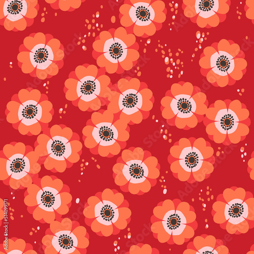 Stylish seamless pattern with stylized anemone flowers. Vector floral background in red colors. Floral pattern for fabric, wallpapers and wrapping paper.