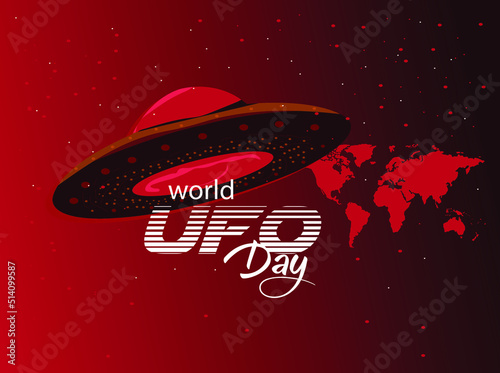 World UFO Day 2nd July illustration on night galaxy gradient color background design. World UFO Day. Flying saucer in space. Vector illustration.
