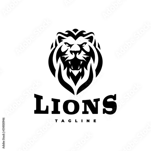 Angry lion head mascot logo design. Line art vector illustration