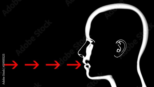 Arrows enter mouth of human silhouette.Person with arrows going inside mouth. Stream of arrows enter mouth. 3d render illustration