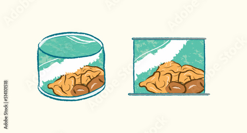 Brown fried gluten with peanuts in a white round bowl in vector flat illustration art design