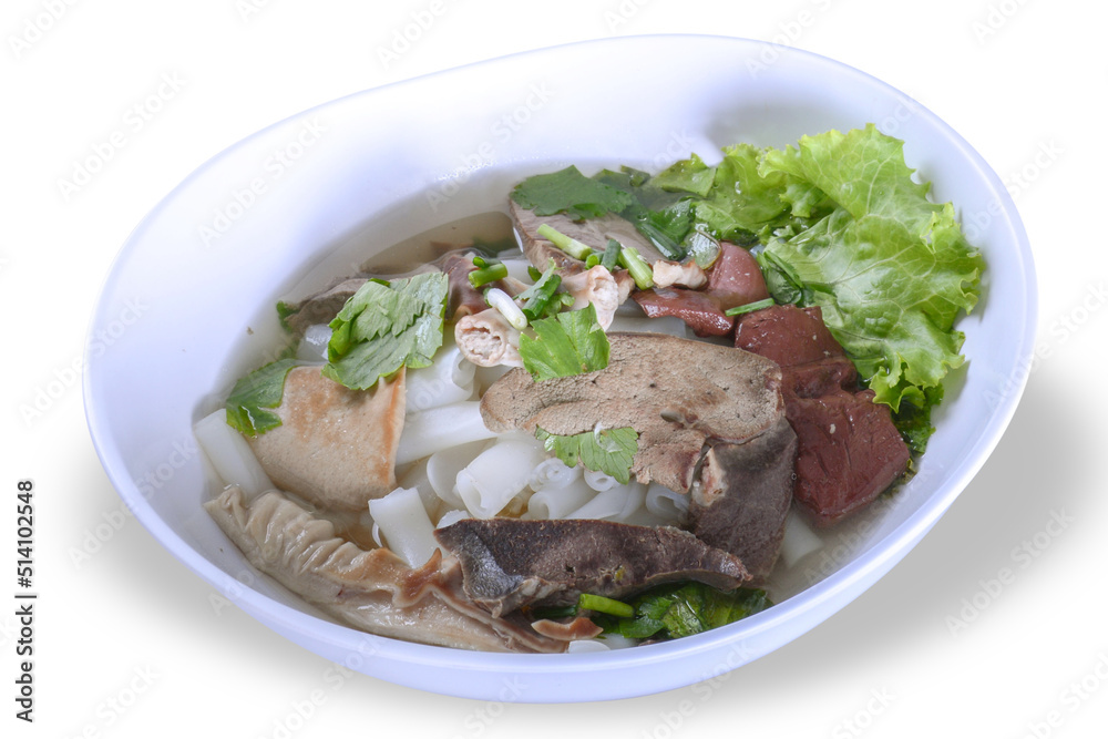 Chinese roll noodle soup or Crunchy Pork Soup ( Guoy Jub )  in White Bowl and isolate background with clipping path
