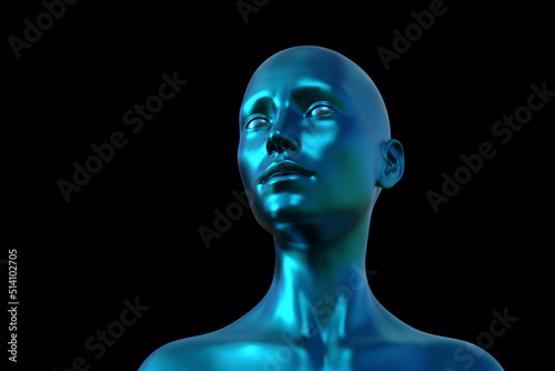 3d illustration. Portrait of a blue bald woman on a black background. 