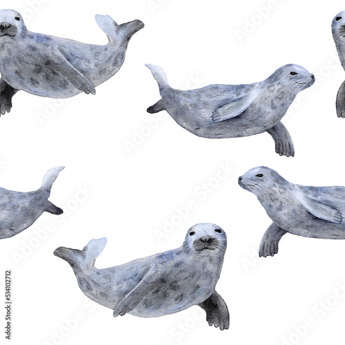 Hand drawn watercolor seamless pattern with seal. Sea ocean marine animal, nautical underwater endangered mammal species. Blue gray illustration for fabric nursery decor, under the sea prints.