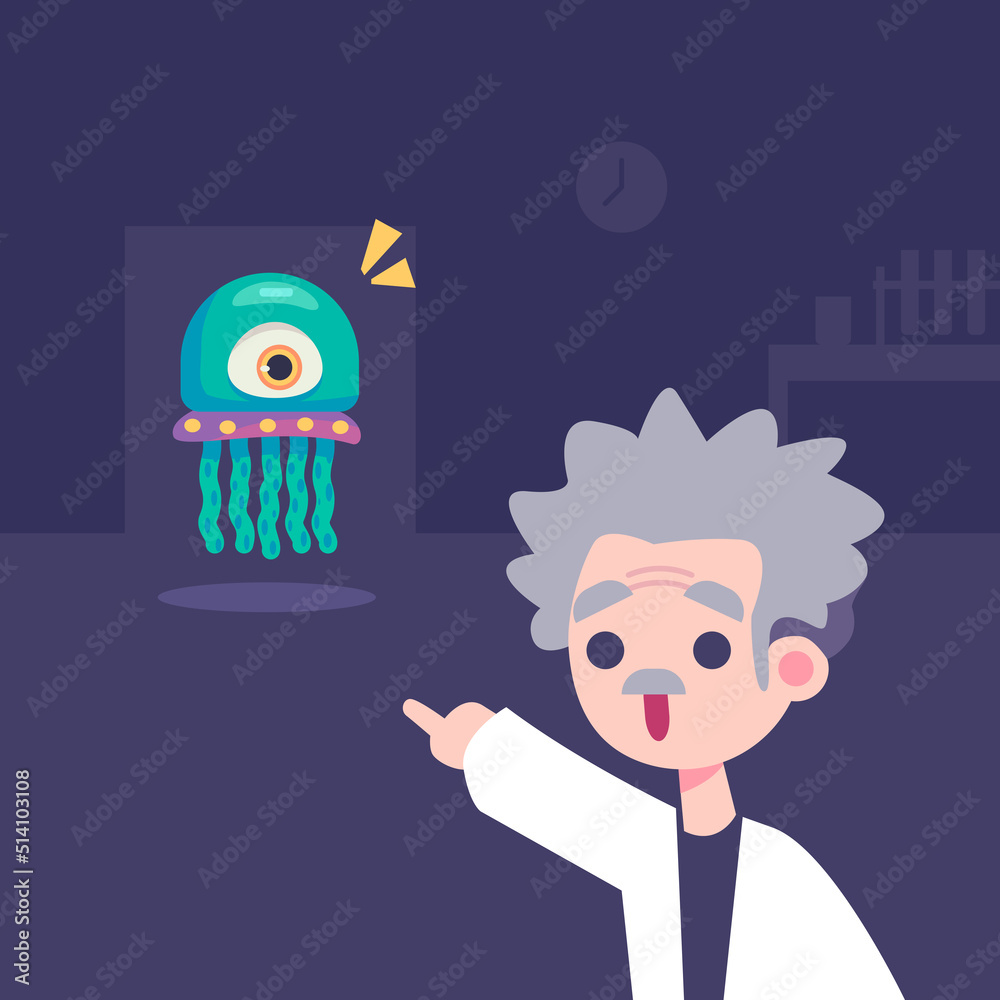 Professor Pointing an Alien Flat Design Alien Invasion Illustration Professor Pointing an Alien Flat Design Alien Invasion Illustration