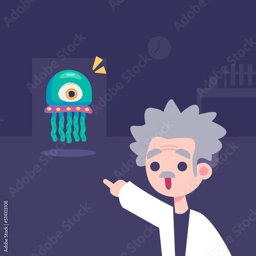 Professor Pointing an Alien Flat Design Alien Invasion Illustration