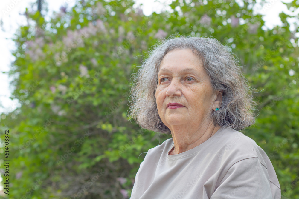 Sad elderly woman reflects on life. Wrinkles on the face, gray hair. Retirement age Sad elderly woman reflects on life. Wrinkles on the face, gray hair. Retirement age