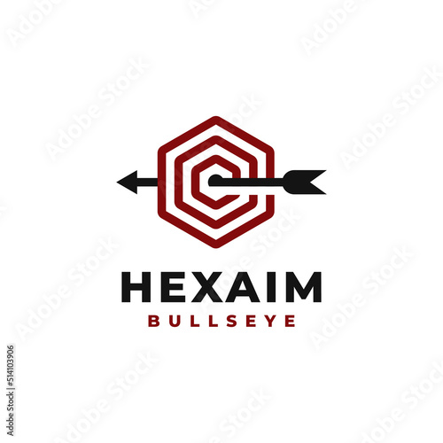Bulls eye in hexa logo linear vector illustration design, Aim arrow in linear monoline style with hexa concept creative design, hexa with bulls eye logo linear line art monoline outline style