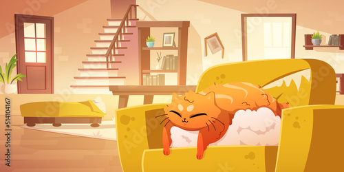 Cute cat sleep on broken sofa with torn upholstery and scratches. Vector cartoon illustration of messy living room with damaged furniture and adorable kitten lying on soft filler of ripped armchair