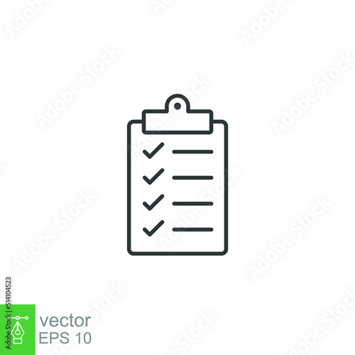 Checklist clipboard line icon. Simple outline style. Quality, check, tick, list, service, data, document, clinic, good, survey concept. Vector illustration isolated on white background. EPS 10