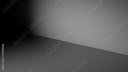 3D rendering. Abstract black space with space to place products or models. Black platform with a lateral light.