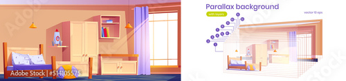 Parallax background kids bedroom for 2d game animation. Child room indoors with bed with pillows, cabinet, rocket toy and books on shelves, wooden furniture. Cozy vector interior, separated layers