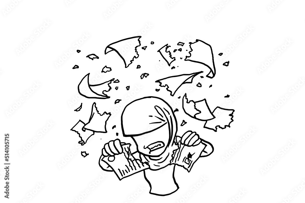 Obraz premium Angry muslim female worker ripping out contract. Stress at work concept. Cartoon vector illustration design