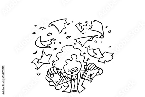 Angry female worker ripping out paper. Stress at work concept. Cartoon vector illustration design