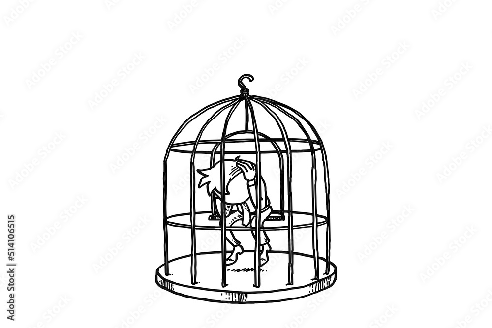 Depressed man locked up in bird cage. Concept of unfulfill life. Cartoon vector illustration design