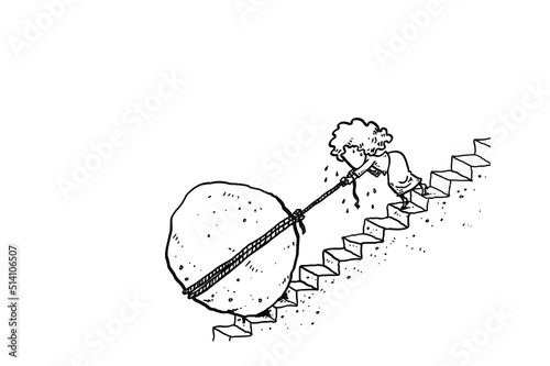 Businesswoman pulling big boulder upstair. concept of hardwork. Cartoon vector illustration design