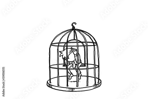 Depressed man locked up in bird cage. Concept of unfulfill life. Cartoon vector illustration design