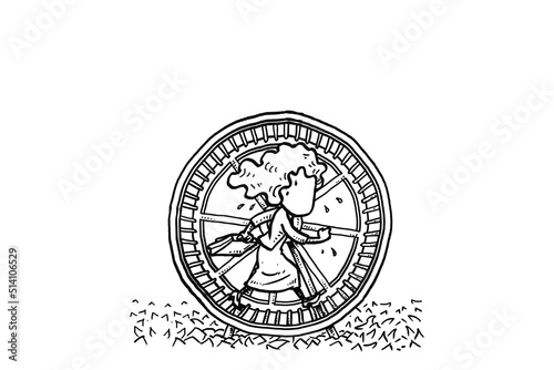 Female worker walking on hamster wheel. Concept of repetitive activity. Cartoon vector illustration design