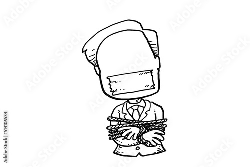 Male worker tied up with rope and become hostage. Cartoon vector illustration design