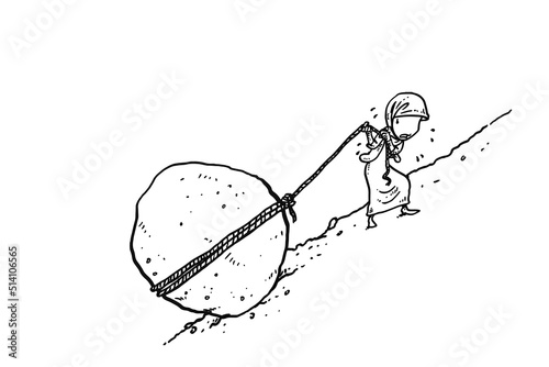 muslim businesswoman pulling boulder. Concept of hardwork. Cartoon vector illustration design