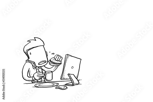 Busy businessman having coffee and burger while receiving call. Concept of office life. Cartoon vector illustration design