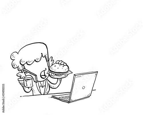 Busy female worker having coffee and burger while receiving call. Concept of peak season work. Cartoon vector illustration design