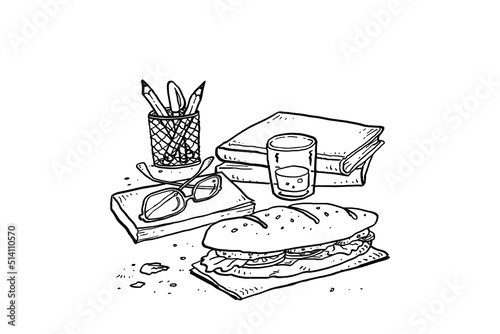 Food on office desk. Sandwich with ham, cheese, salad and tomatoes on work place. Cartoon vector illustration design
