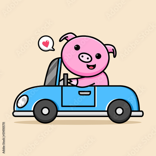 cute pig riding car cartoon design