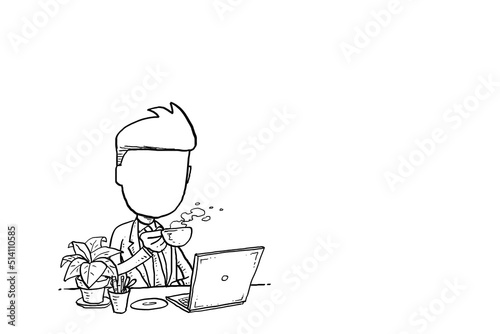 Joyful manager sipping coffee on his desk. Cartoon vector illustration design